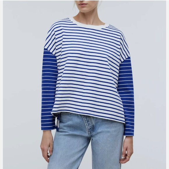 Madewell White Blue Easy Long-Sleeve Contrasting Stripe Rugby Tee - Picture 2 of 6